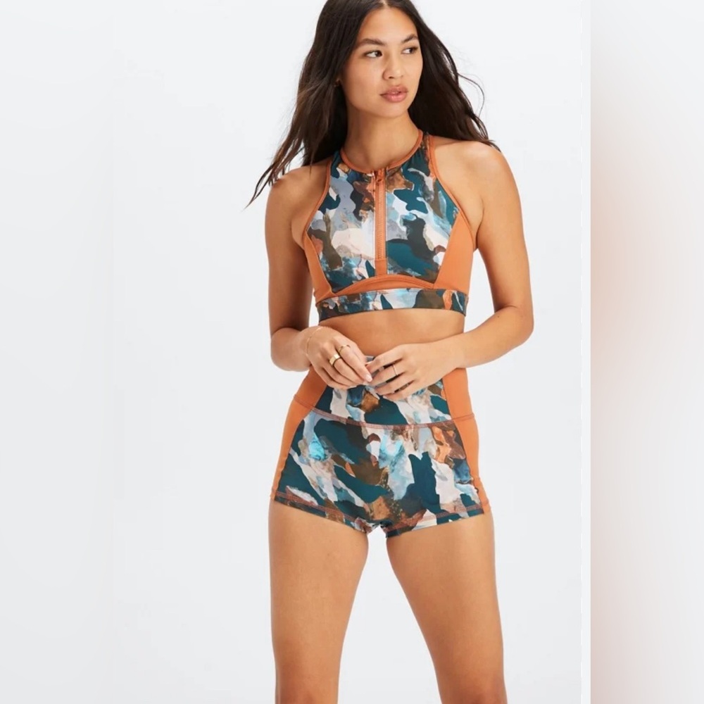 Fabletics Midi Zip Swim Top & High Waisted Swim Short size S NWOT